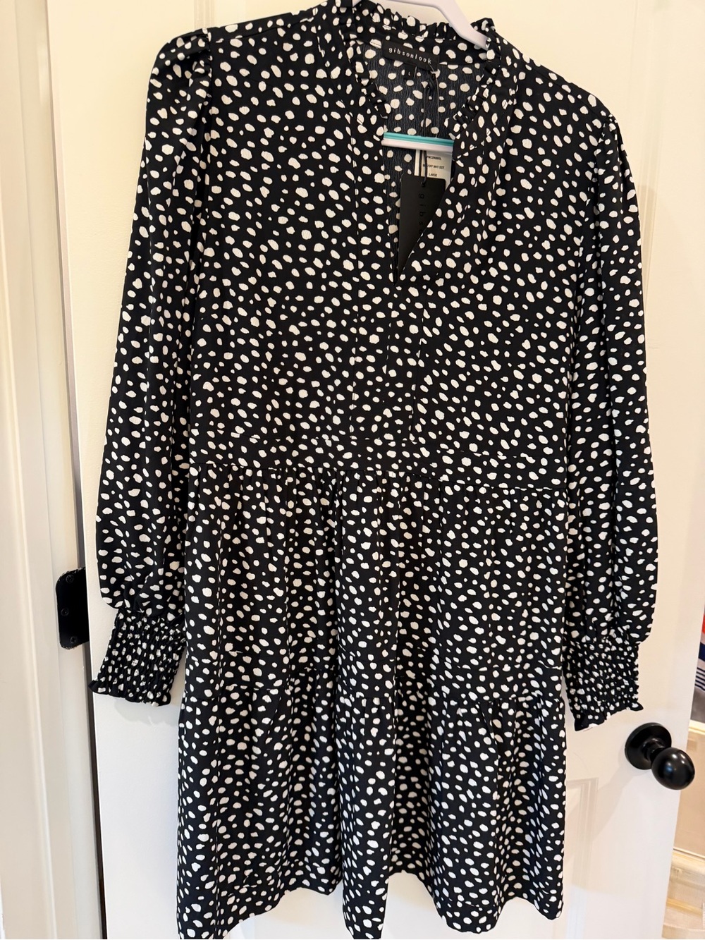 Gibson Black Dress with White Polka Dot Ruffle Neck